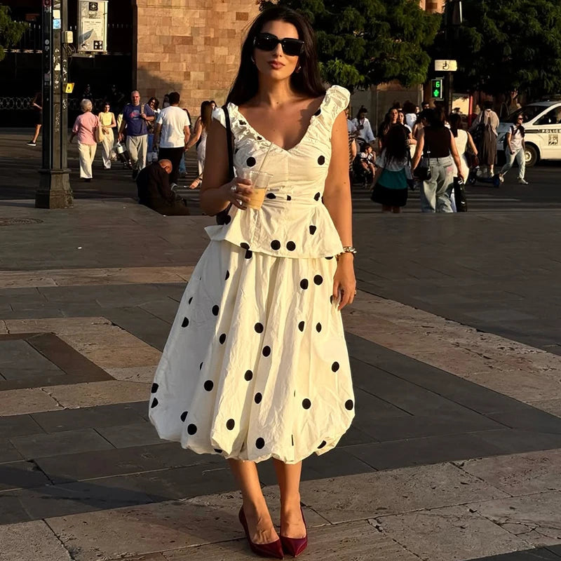 Long Polka Dot Skirt Set With Cropped Puffy Sleeveless Top