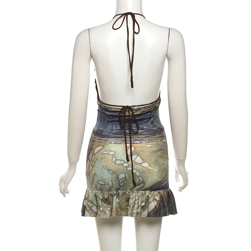 Sunlit Beach Crystal Knit Patchwork Halter Set With Lace Up Backless Top And Ruffle Printed Skirt