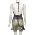 Sunlit Beach Crystal Knit Patchwork Halter Set With Lace Up Backless Top And Ruffle Printed Skirt