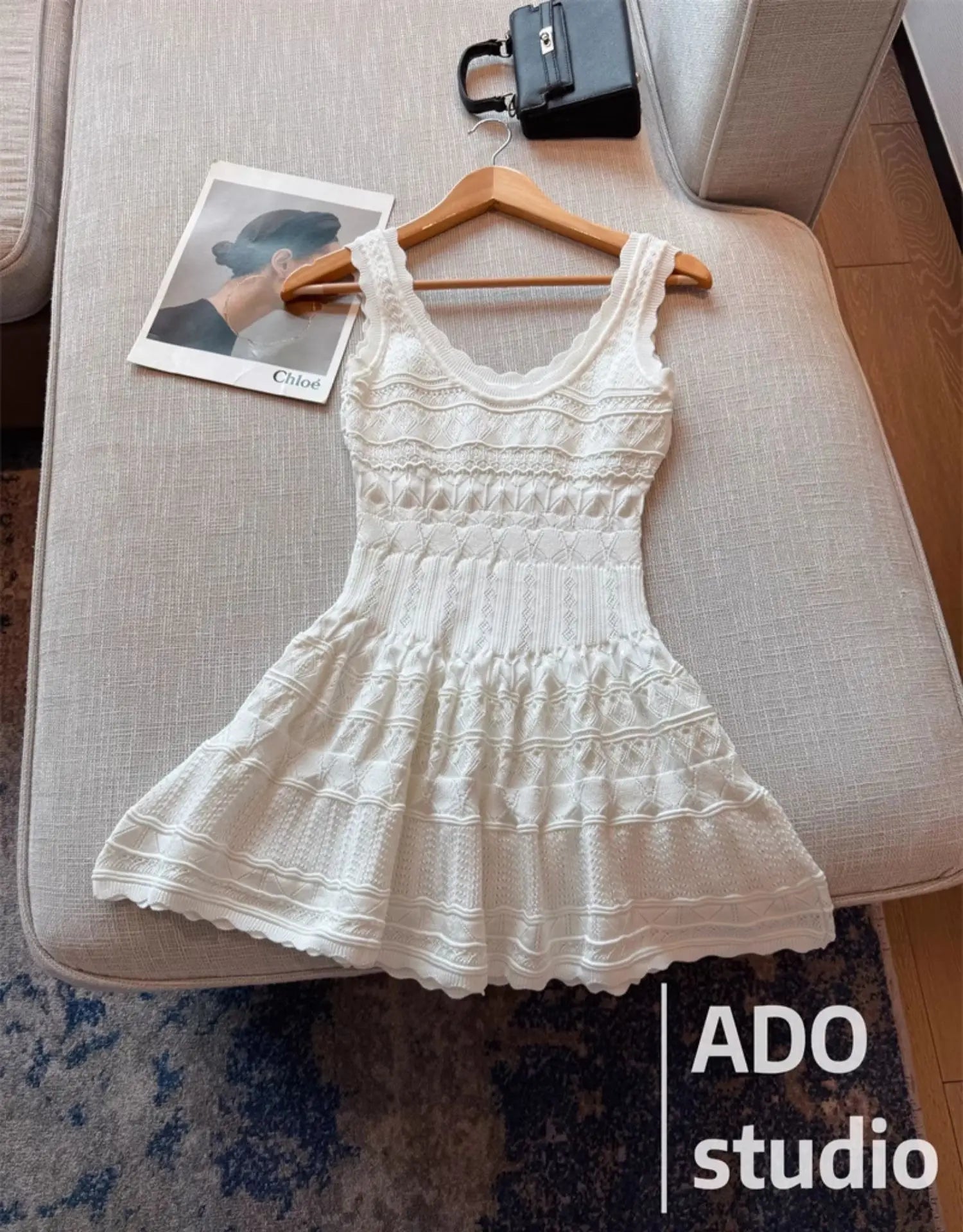 A Line Dress With Ruffled Knitted Vest For Women French Style
