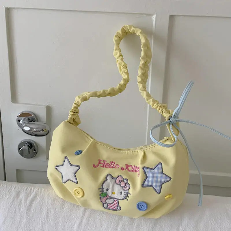 Bright Strawberry Daydream Shoulder Bag With Yellow Nylon And Blue Grid Star Detail