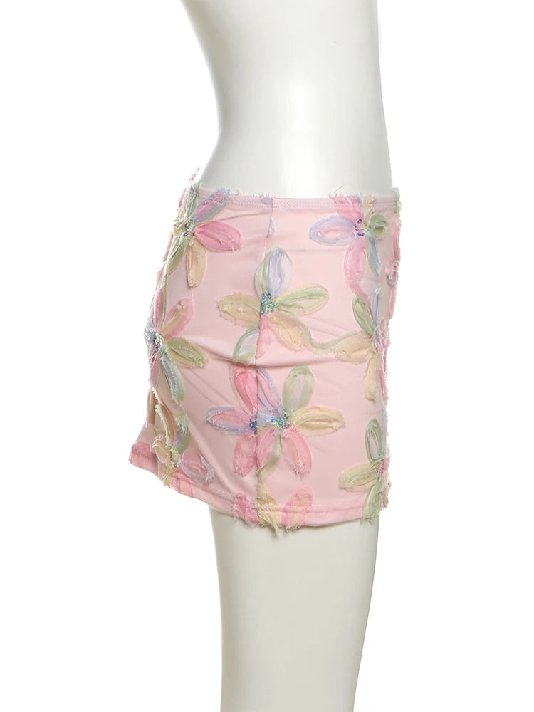 Colorful Floral Sequined Mesh Mini Skirt