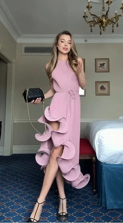 Sexy Knot Waist Lace Trim Midi Dress Sleeveless High Collar