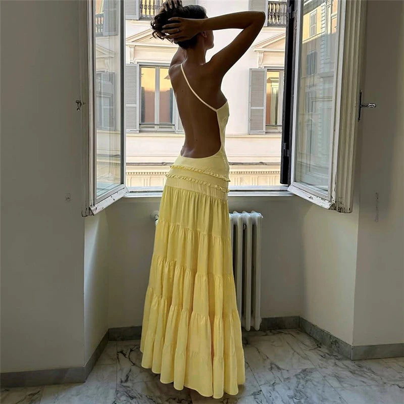 Off Shoulder Backless Evening Dress With Pleats And Ruffled Edges Diagonal Collar Floor Length