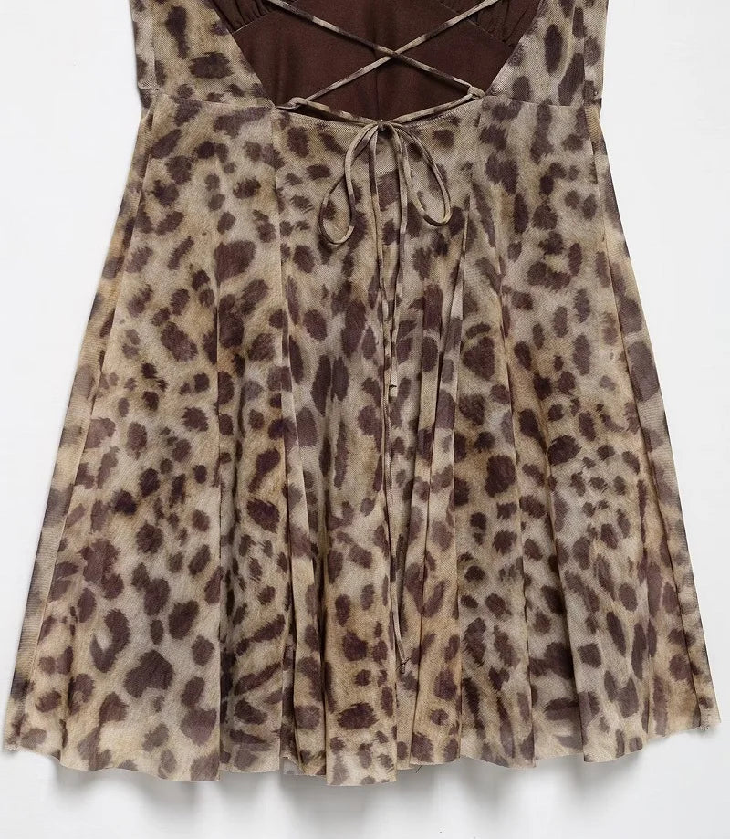 Leopard Print Tulle Slip Dress With Backless Draped