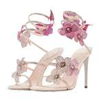 Crystal Flower High Heels With Ankle Strap Strappy Thin Sandals