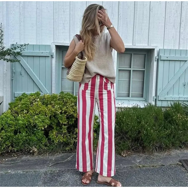 Vivid Multicolor Stripe Wide Leg Jeans With Pockets Low Waist Denim Trousers
