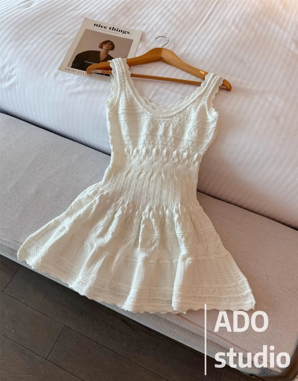 A Line Dress With Ruffled Knitted Vest For Women French Style