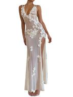 Sexy Sheer Mesh Sleeveless Dress With V Neck Floral Slit
