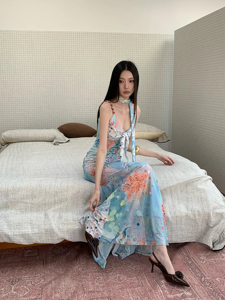Floral Maxi Dress With Backless Design V Neck Halter Dress