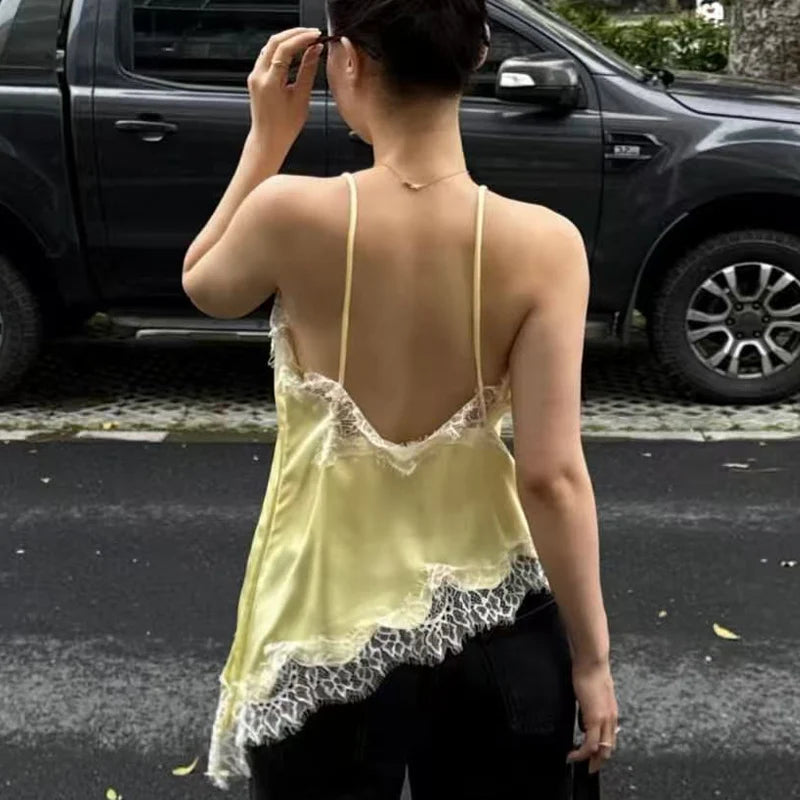 Asymmetrical Lace Slip Top Satin Off Shoulder Backless Camisole