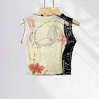 Chic Double Layer Mesh Tee With Elegant Print And High Collar Short Sleeve Women Net Shirt