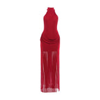 Velvet Halter Turtleneck Backless Mini Dress With Ruched Patchwork Tassel Hem