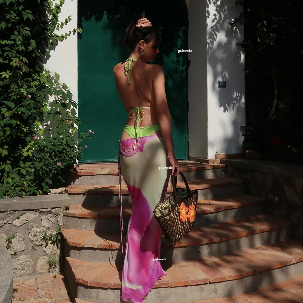 Three Piece Bikini Set With Long Skirt Cover Up