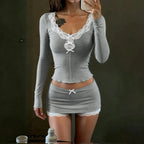 Y2K Hot Girl Lace Hem 2 Piece Set Fashion Bow Long Sleeve Crop Top & Bodycon Mini Skirt Matching Suits
