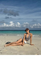 Checkered V Neck One Piece Swimsuit With Belly Coverage And Open Back