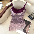 Lace Dots Wrapped Camisole With Pads Slim Fit Tank Top