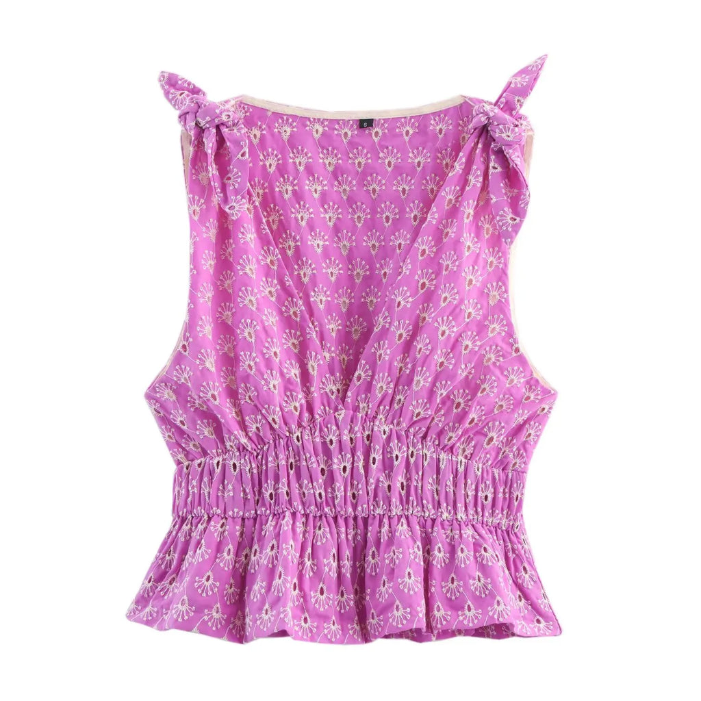 V-neck Sleeveless Embroidery Hollow Out Elastic Waist Crop Top