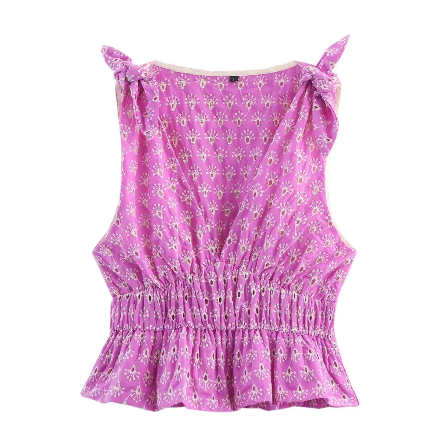 V-neck Sleeveless Embroidery Hollow Out Elastic Waist Crop Top