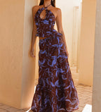 Halter Crop Two Piece Maxi Skirt Set With Ruffle Tiered Flowing Silhouette