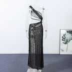 Sexy Sequin Hollow Out Knit Maxi Dress With One Shoulder Front Split Gown