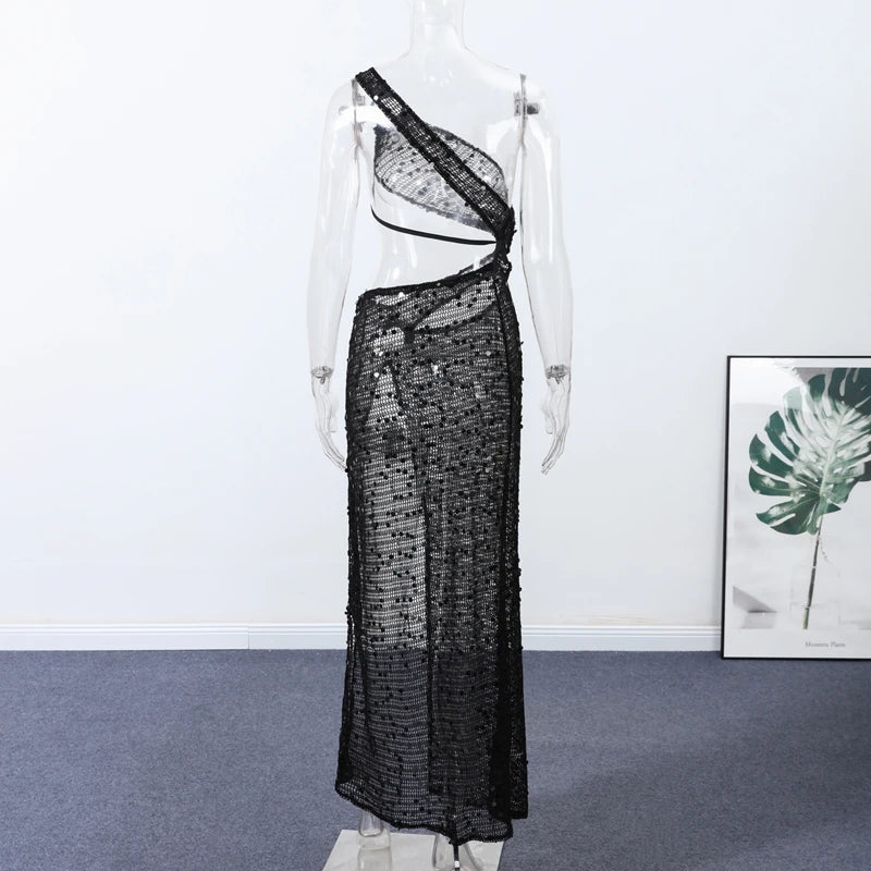 Sexy Sequin Hollow Out Knit Maxi Dress With One Shoulder Front Split Gown