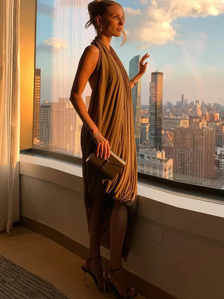 Chic Ruched Halter Bodycon Dress Backless Deep V Neck