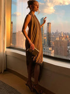 Chic Ruched Halter Bodycon Dress Backless Deep V Neck