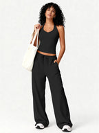 Two Piece Set With Sleek V Neck Tank Backless Detail And Wide Leg Pants