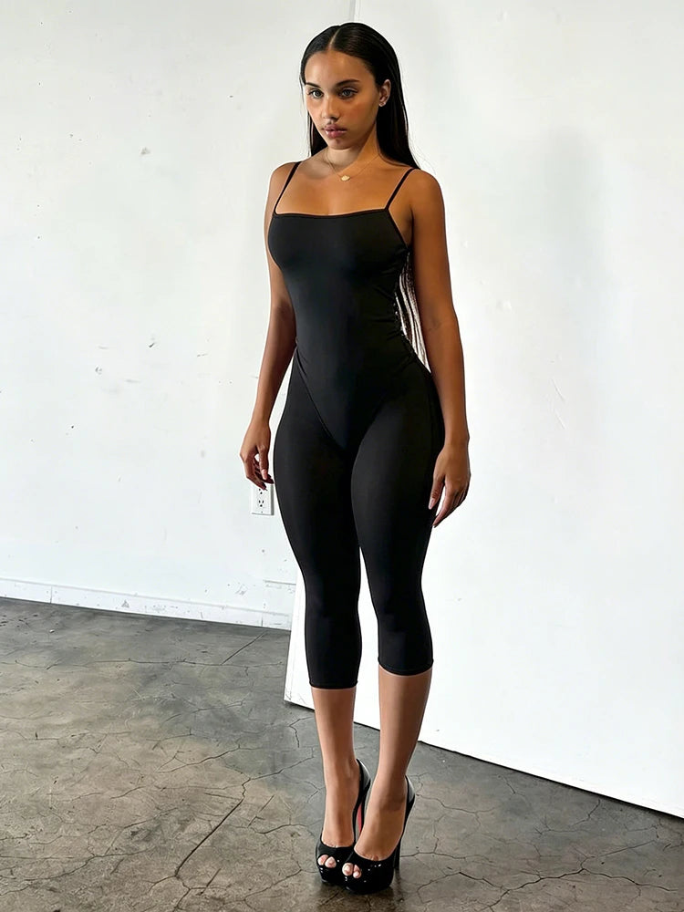 Slim Backless Playsuit With Low Neck High Waist Silhouette Ultra Stretch Sporty Romper