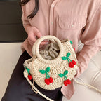 Cherry Deco Chic Shoulder Bag Mini Basket Purse Paper Weave Handmade