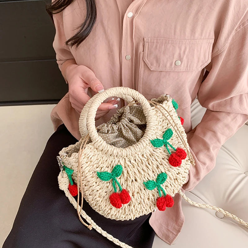 Cherry Deco Chic Shoulder Bag Mini Basket Purse Paper Weave Handmade