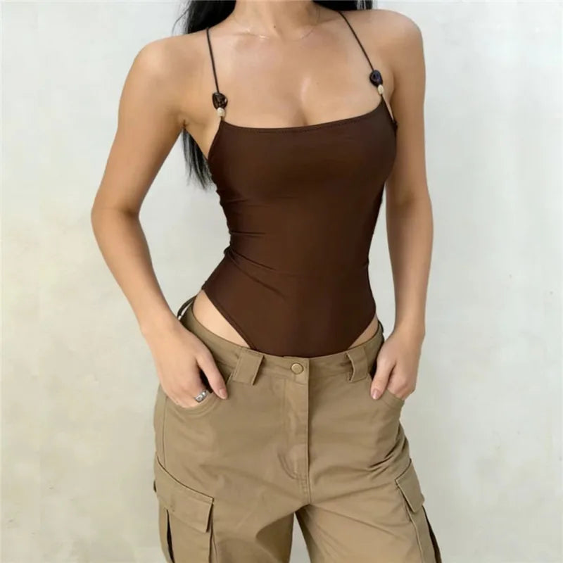 Brown Spaghetti Strap Bodysuit Women Summer Sleeveless Cross Skinny Tight Tide Basic Camisole