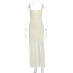 Backless Hollow Mesh Spaghetti Strap Gown Elegant Long Evening Dress