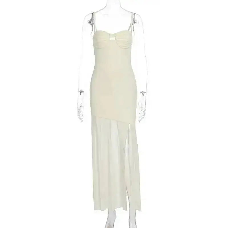 Backless Hollow Mesh Spaghetti Strap Gown Elegant Long Evening Dress