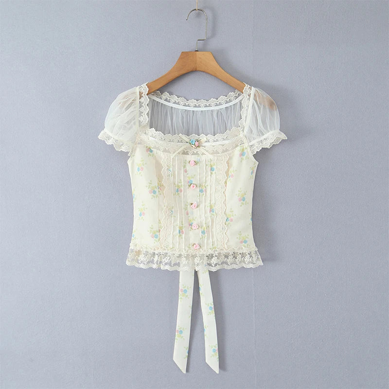 Sweet Floral Print Chic Lace Short Blouses Vintage Square Collar Puff Sleeve Slim Shirt