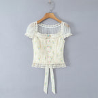 Sweet Floral Print Chic Lace Short Blouses Vintage Square Collar Puff Sleeve Slim Shirt