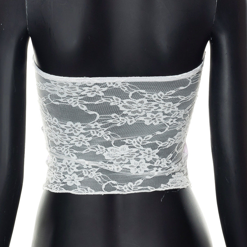 Sexy Y2K Low Cut Camisole Slim Fit Backless Tube Crop Top Lace Patchwork