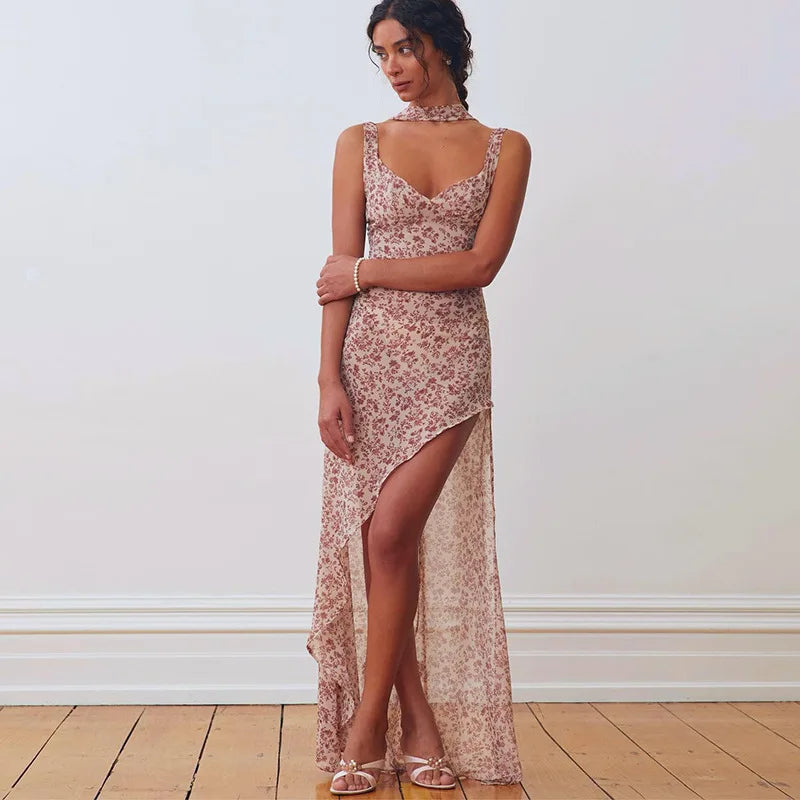 Floral Lace Up Chiffon Maxi Dress With Side Slit Backless