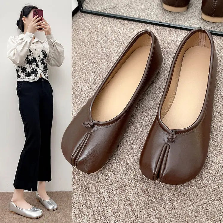 Tabi Style Leather Flats For Women Cozy Split Toe Slip On Shoes