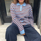 Vintage Rib Knitted Striped Collared Sweater Loose Long Sleeve Pullover Knit Top