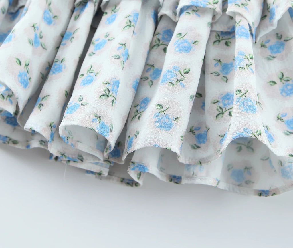 Flower Print Corset Ruched Elastic Body Sling Mini Square Collar Ruffles Hem Dress