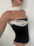 Punk Patchwork Mesh Halter Tank Top Y2K Vibe With Lace Up Details
