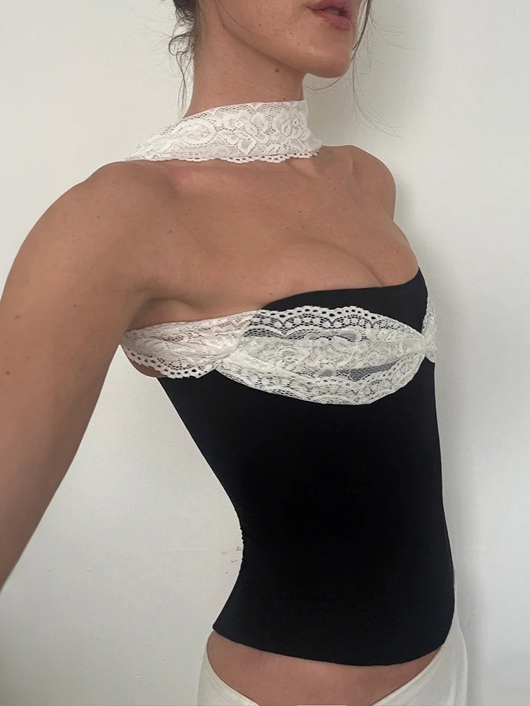 Punk Patchwork Mesh Halter Tank Top Y2K Vibe With Lace Up Details