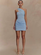 One Shoulder Backless Mini Dress With Draped Ruched Silhouette