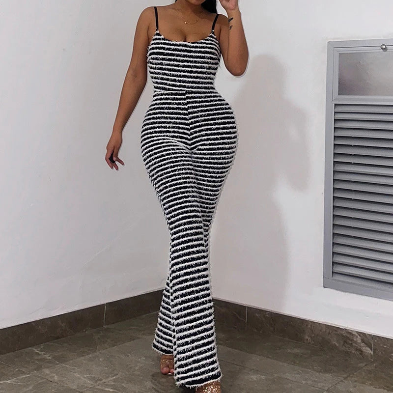 Backless Striped Jumpsuit With High Waist Flare Legs