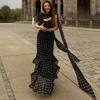Elegant Polka Dot Halter Sleeveless Maxi Dress With Pleated Skirt And Ribbon Scarf