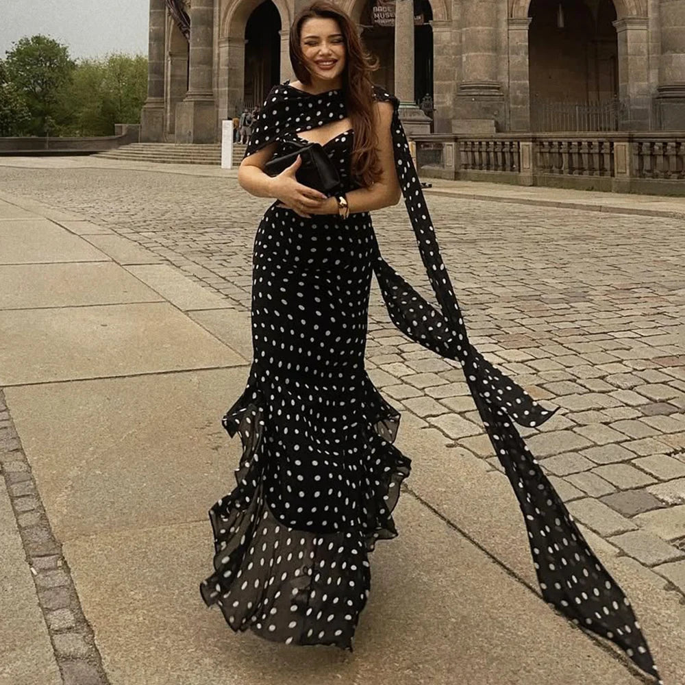 Elegant Polka Dot Halter Sleeveless Maxi Dress With Pleated Skirt And Ribbon Scarf