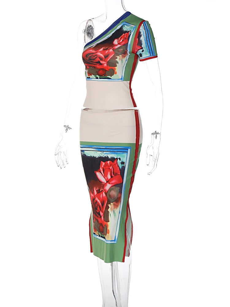 Summer Two Piece Set With Crop Top And Midi Skirt Vacation Outfit Style