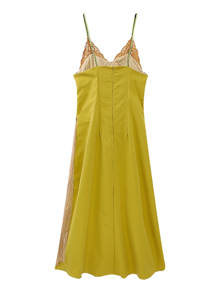 Vintage Lace Patchwork Halter Dress With Suspender Straps Calf Length Pleated